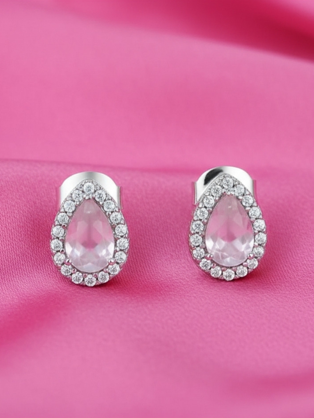 925‎ Sterling Silver Pink Glass Zircon Teardrop - Minimalist Stud Earrings